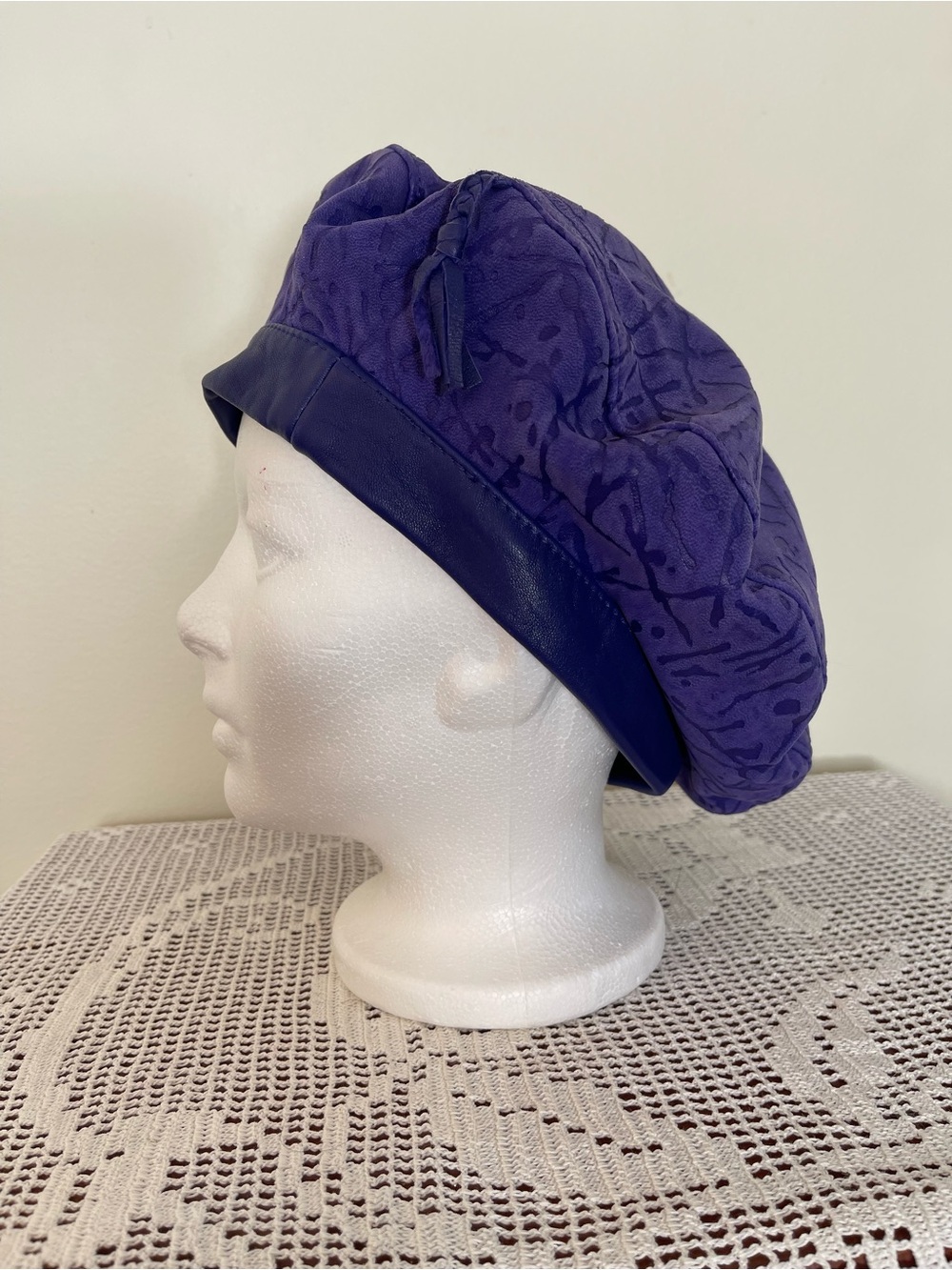 Purple Women's Beret Hat with Leather Trim